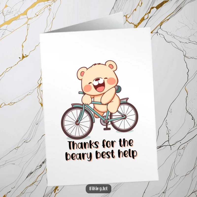 Funny Free Printable bear cub card of a laughing cub with a silly face falling off a bike seat.