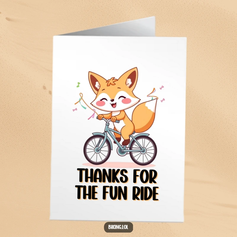 Funny Free Printable Thank You Card: Cheerful fox on a bike, symbolizing a thankful journey and happy thoughts.