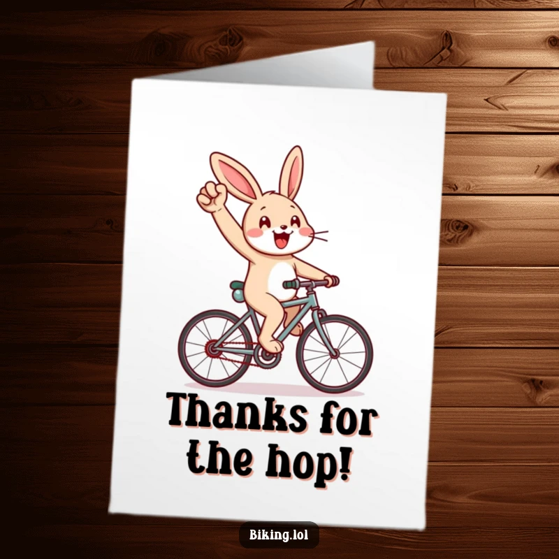 Funny Free Printable Thank You Card: Cheerful rabbit pumping its arm, cycling uphill with enthusiasm, a humorous thanks.