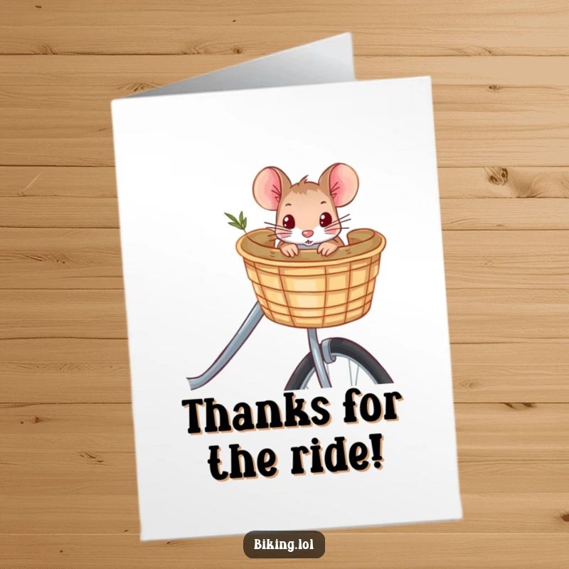 Funny Free Printable Thank You Card: Curious mouse on a bicycle, pedaling with gratitude.