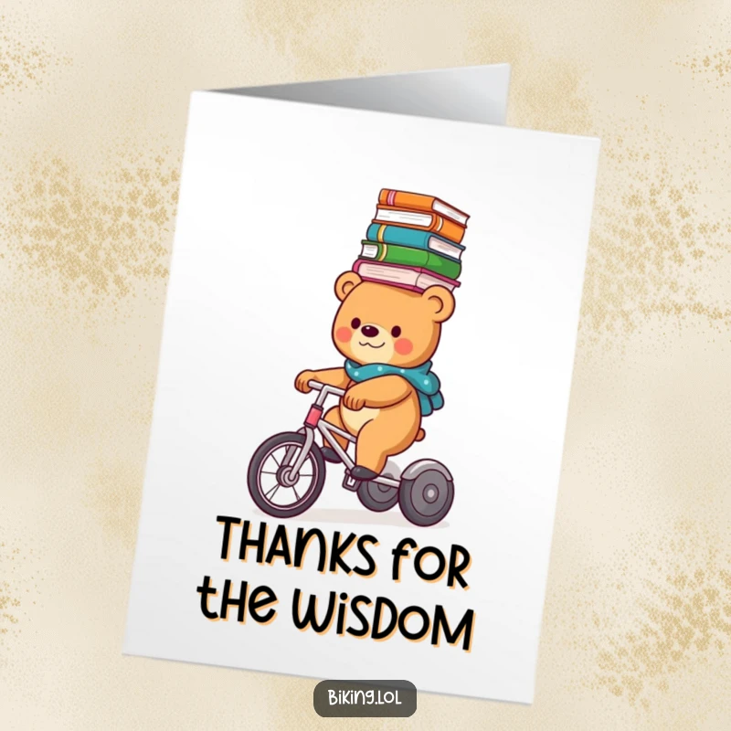 Funny Free Printable Thank You Card: A bear on a tricycle balances books on its head, offering a grateful nod.