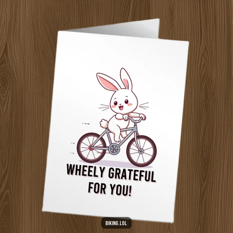 Funny Free Printable Thank You Card: Joyous bunny on tiny bicycle zooming downhill, delivering gratitude with speed and a smile.