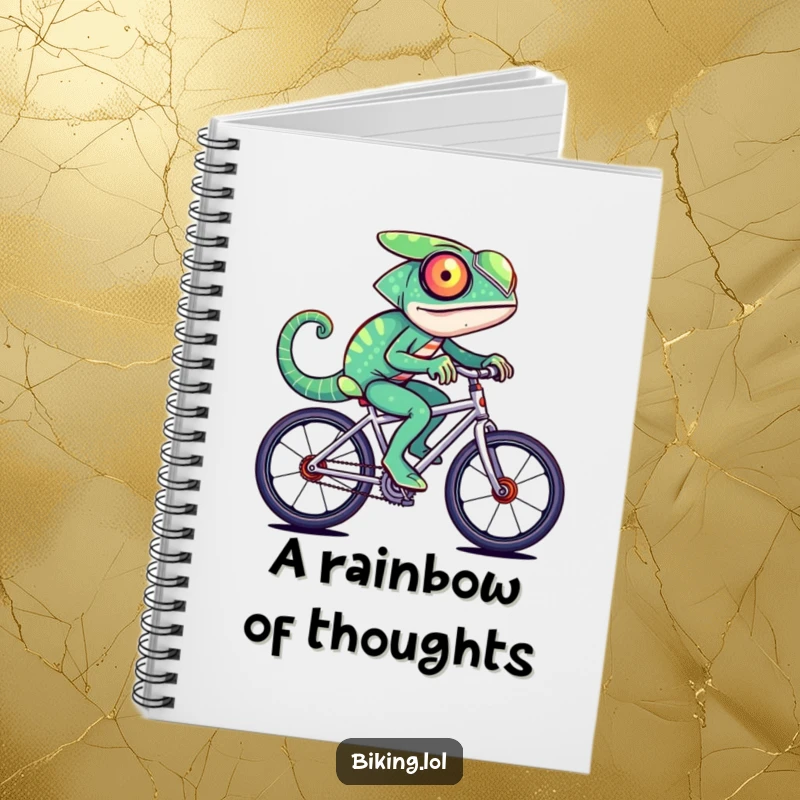 Funny chameleon character changing colors rapidly while riding a fast bicycle, on the cover of a humorous notebook.