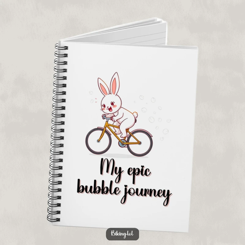 Funny notebook with a bunny on a bike leaving bubbles, ideal for note-taking with a humorous twist, a funny stationery gift.