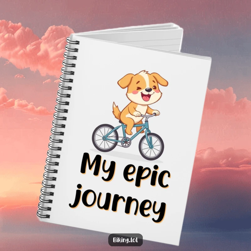 Funny notebook with a cartoon dog riding a tiny bicycle uphill, great for jotting down plans and humorous adventures.