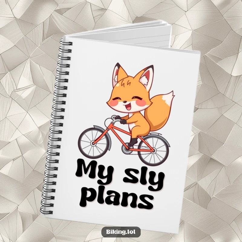 Funny fox notebook with a giggling fox riding a bicycle backward with a playful wink, ideal for journaling.