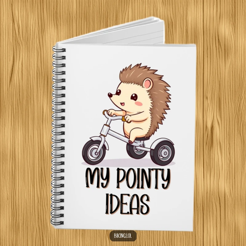 Funny notebook cover with a curious hedgehog excitedly pointing ahead while riding a tricycle.