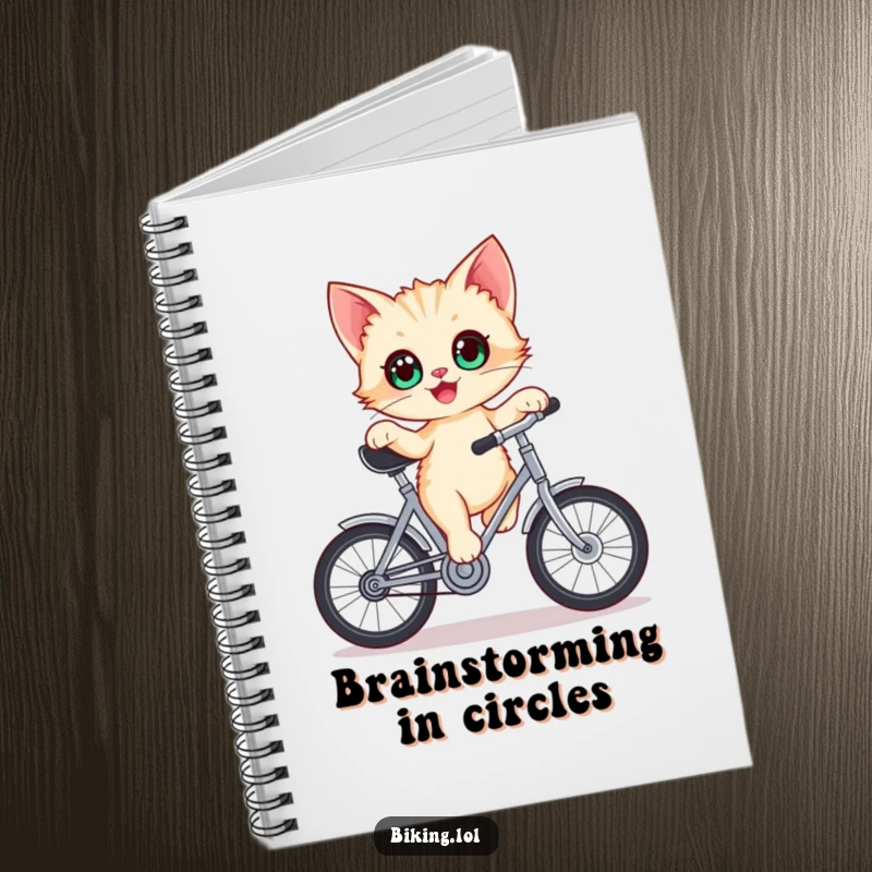 Funny kitten notebook, delighted kitten with wide eyes balancing on a stationary bicycle crank for creative writing.