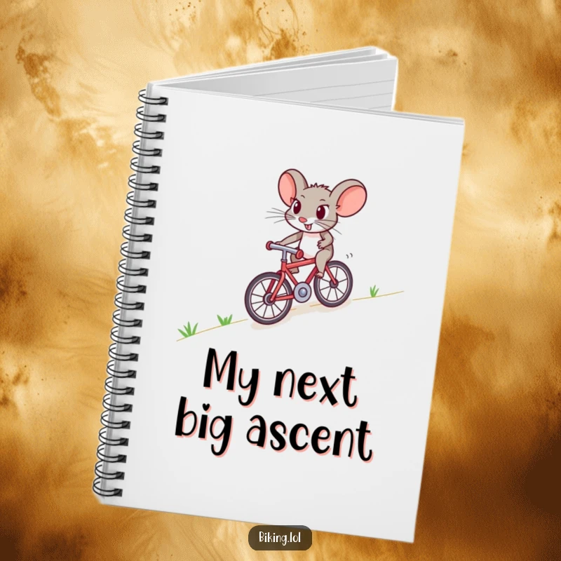 Funny mouse notebook with a brave character cycling uphill, perfect for jotting notes with a humorous touch.