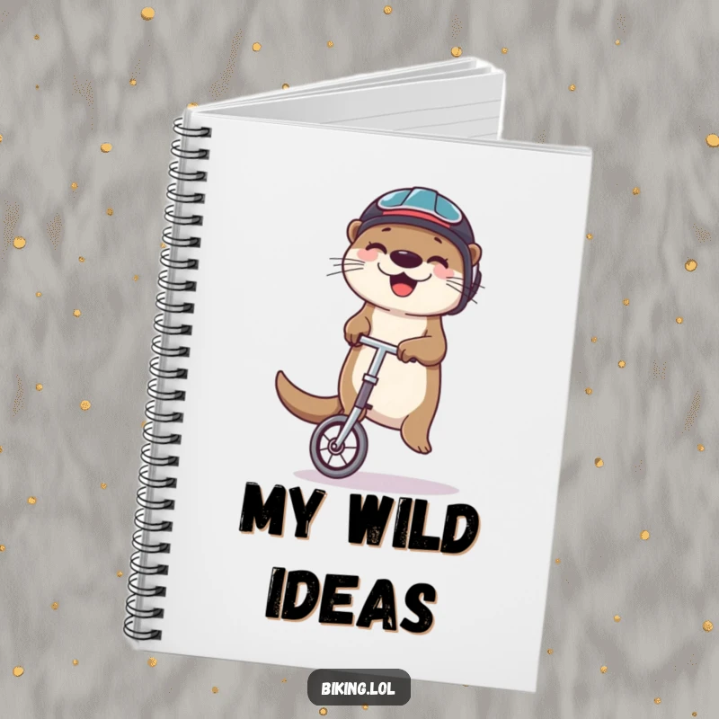 Funny otter notebook with a happy otter in a helmet, balancing on a unicycle and juggling, ideal for note-taking.