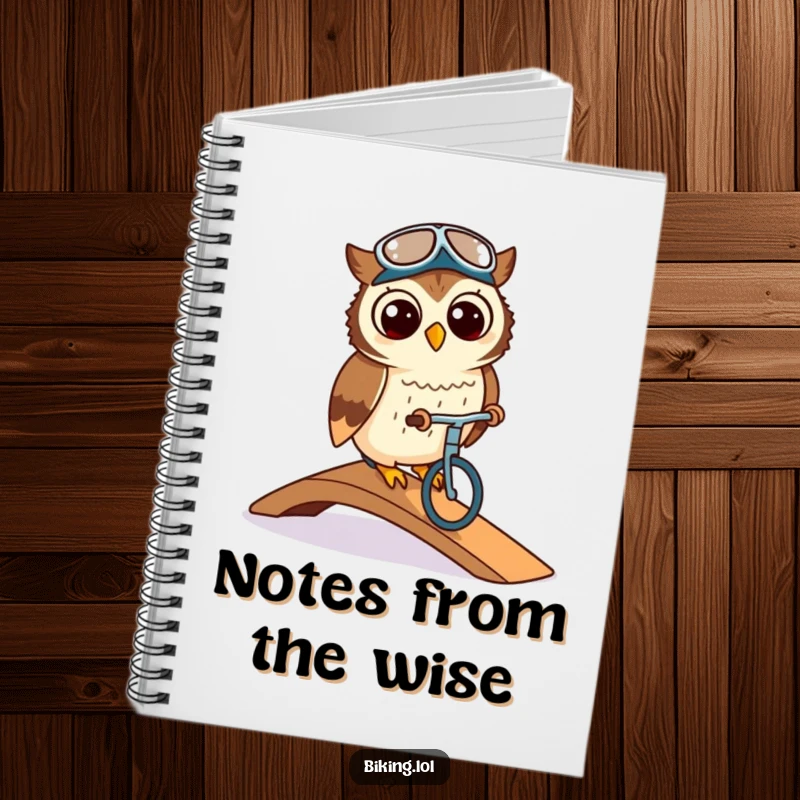 Funny owl wearing a cycling cap, navigating a ramp on a bike, on a notebook cover, for capturing thoughts.