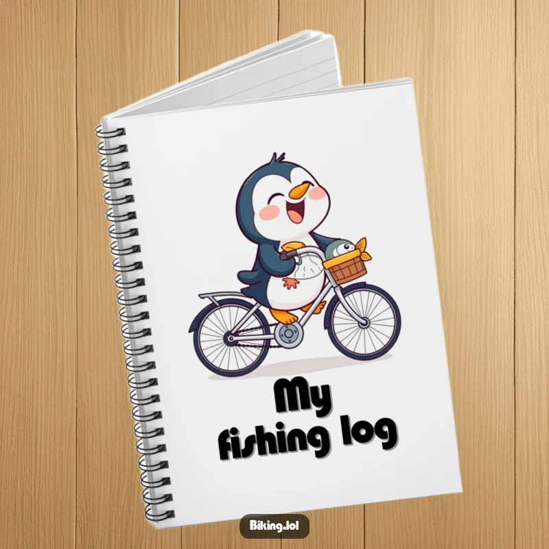 Funny penguin notebook with a laughing bird riding a bicycle with a fish, ideal for jotting down happy thoughts.