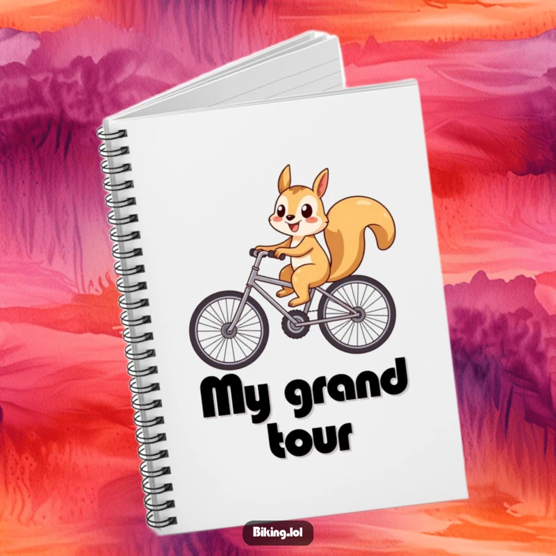 Funny playful squirrel riding a bicycle with oversized wheels and a big smile, a humorous notebook for ideas.