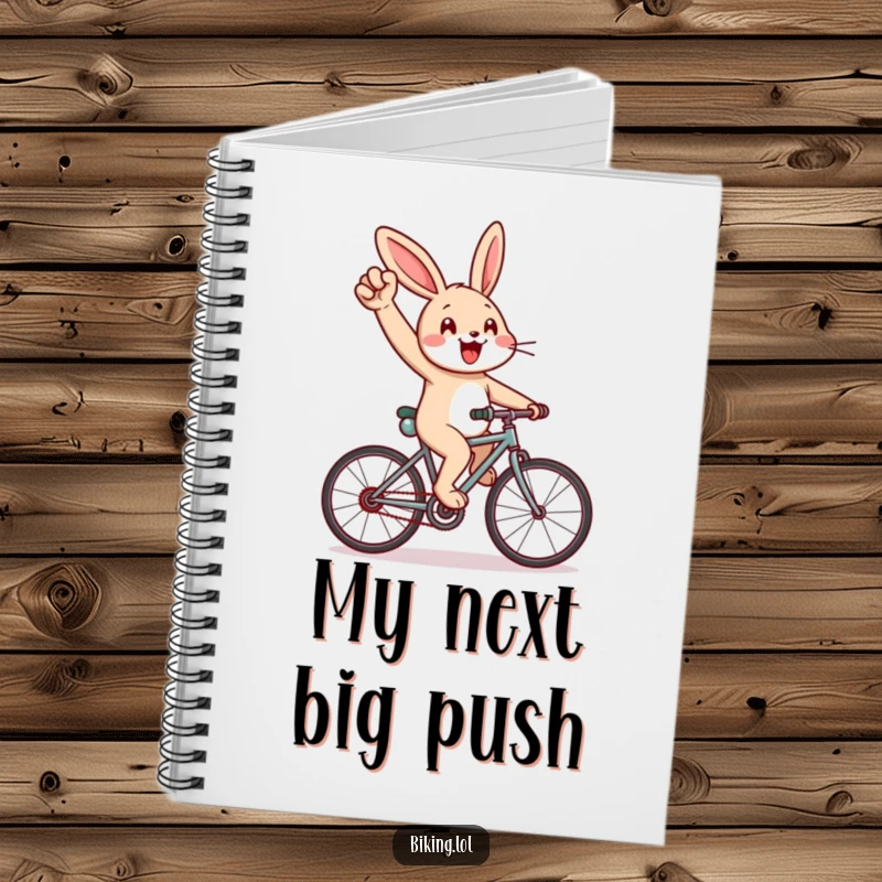 Funny notebook with a cheerful rabbit cycling uphill, pumping arm, great for jotting motivated ideas.