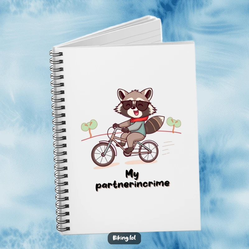 Funny raccoon notebook, a jolly raccoon pair speeding downhill on a tiny tandem bike, perfect for planning fun.