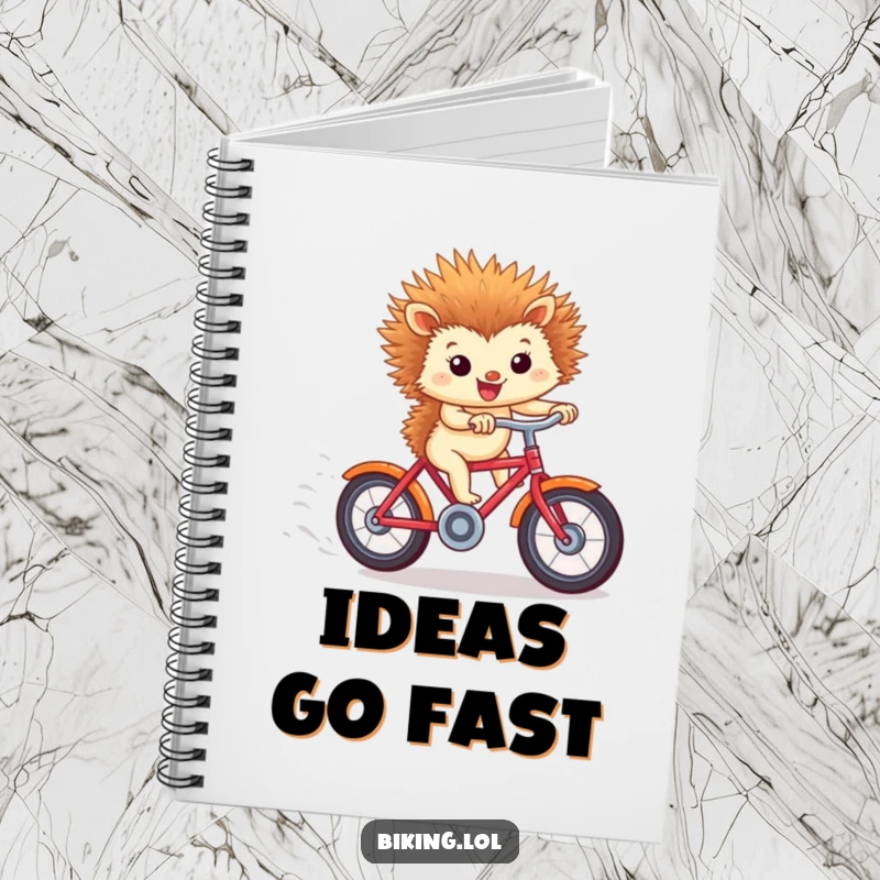 Funny notebook with a tiny hedgehog bicycling downhill, windblown ears, ideal for jotting down funny ideas.