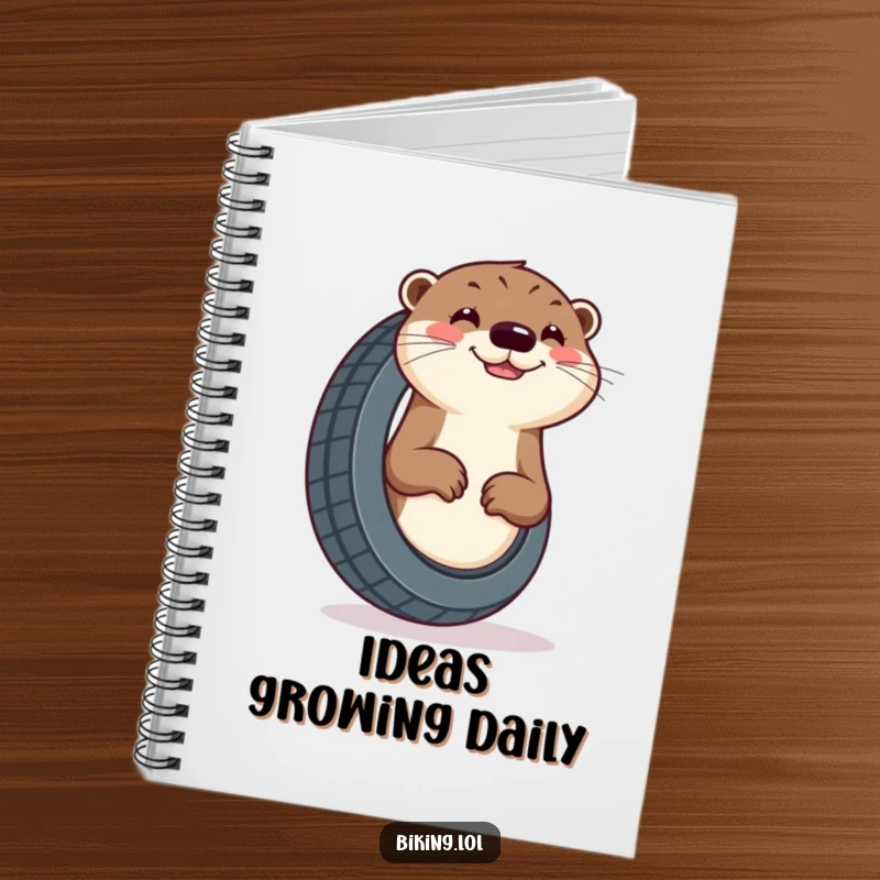 Funny otter notebook, curious otter enthusiastically pumping a tire with a cheerful grin for creative writing.