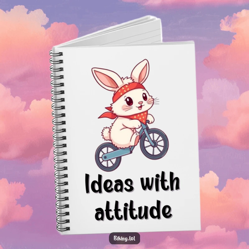 Funny bunny wearing a bandana, doing a wheelie on a bike, on a notebook cover, for planning adventures.