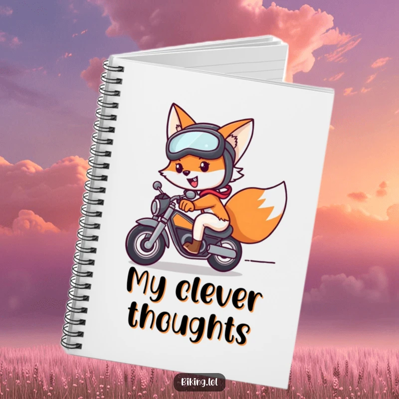 Funny fox art on a notebook cover, wearing helmet and goggles, speeding on a bike, a humorous and inspiring funny gift.