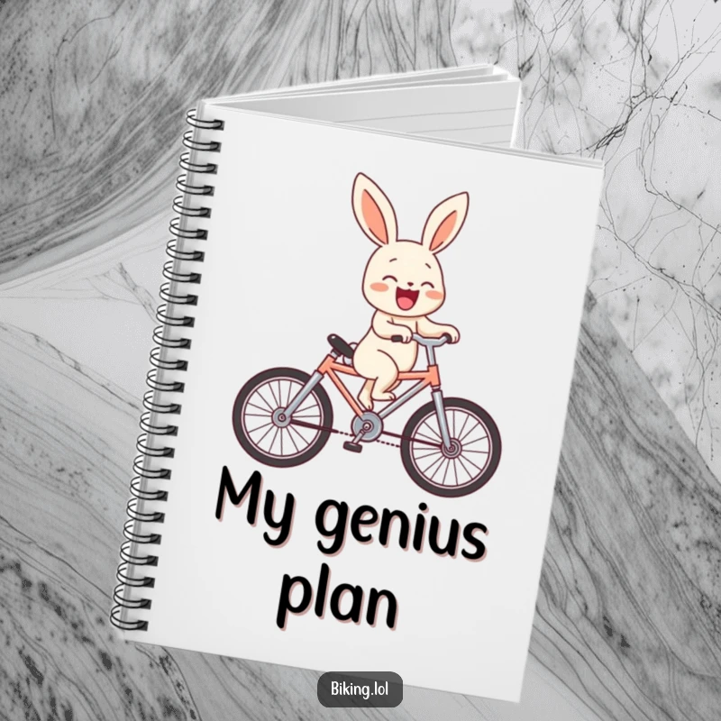Funny bunny character doing a wheelie on a miniature bike, laughing, on the cover of a humorous notebook.