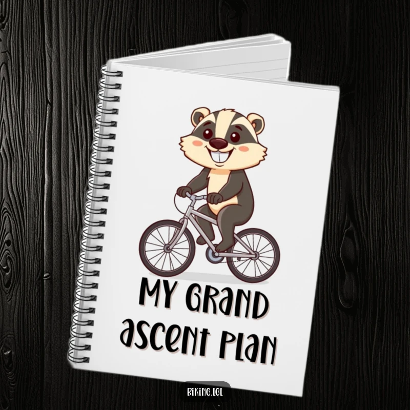 Funny notebook featuring a determined badger cycling uphill, grinning with purpose, for note-taking.