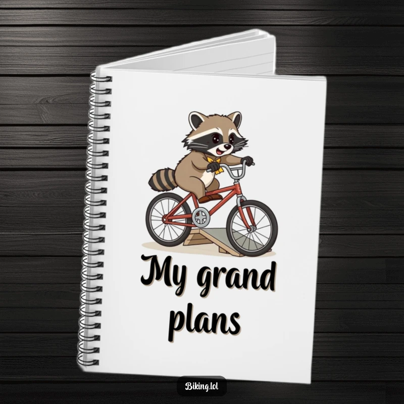 Funny playful raccoon attempting a jump over a small ramp on a vintage bicycle on a lined notebook.