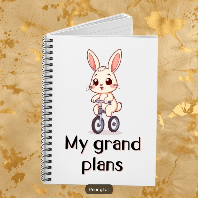 Funny bunny art on a notebook cover, wobbling on a unicycle with a determined grin, a humorous and inspiring funny gift.
