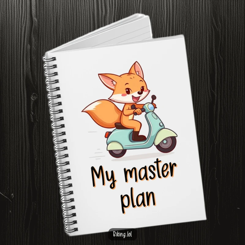 Funny notebook with a playful fox on a scooter crossing a finish line, great for jotting ideas.