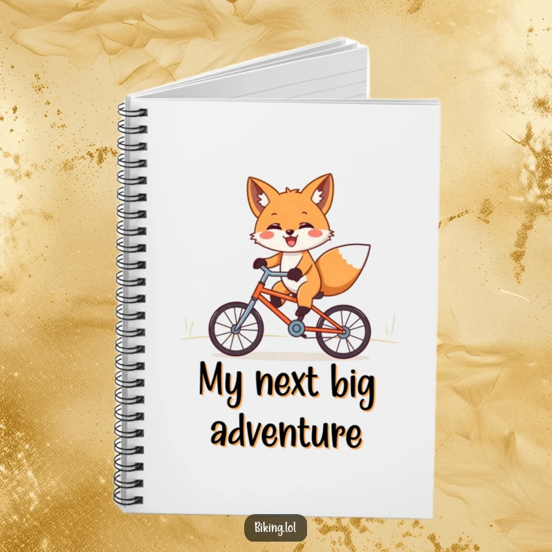 Funny fox notebook, joyfully riding a tiny bicycle downhill with paws outstretched, inspiring creative writing.
