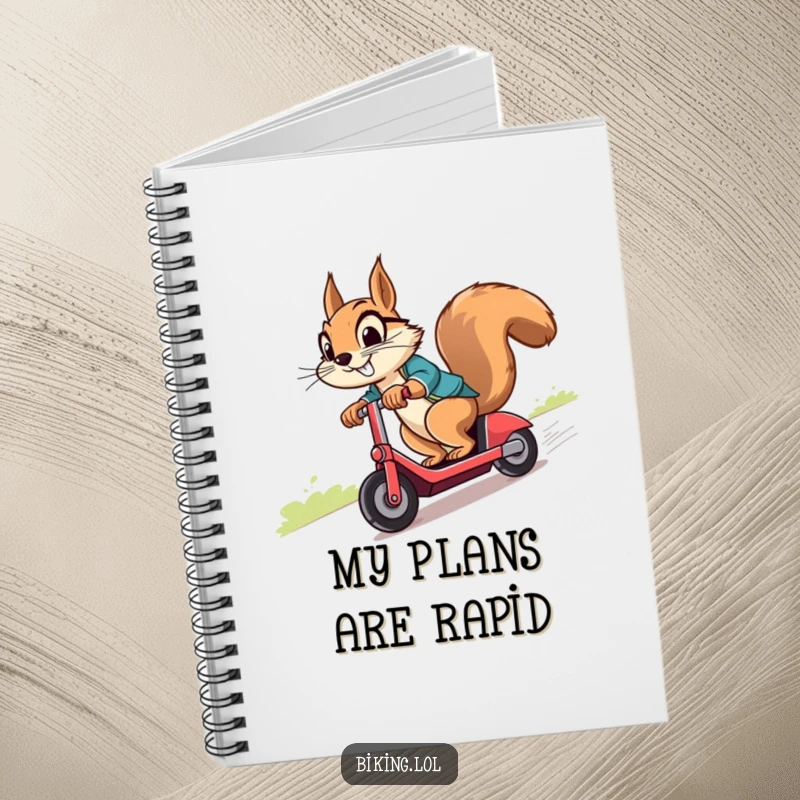 Funny squirrel with a cheeky grin, zooming downhill on a scooter, inspiring creative notes in this funny notebook.