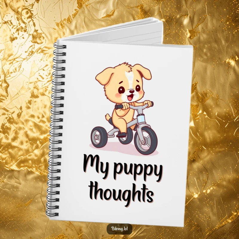 Funny puppy art on a notebook cover, pedaling a tiny tricycle with immense effort, a humorous and inspiring funny gift.