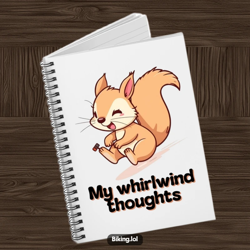 Funny notebook with a playful squirrel zipping downhill on a bike, wind-blown fur, for notes.