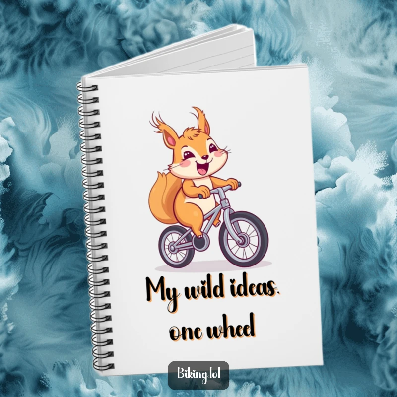 Funny squirrel notebook, cheerful squirrel with windblown fur pedaling a unicycle with a big smile for notes.