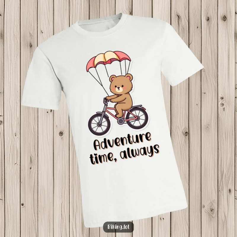 Funny bear t-shirt, a determined bear riding a bicycle with a parachute billowing behind, adventurous and humorous.