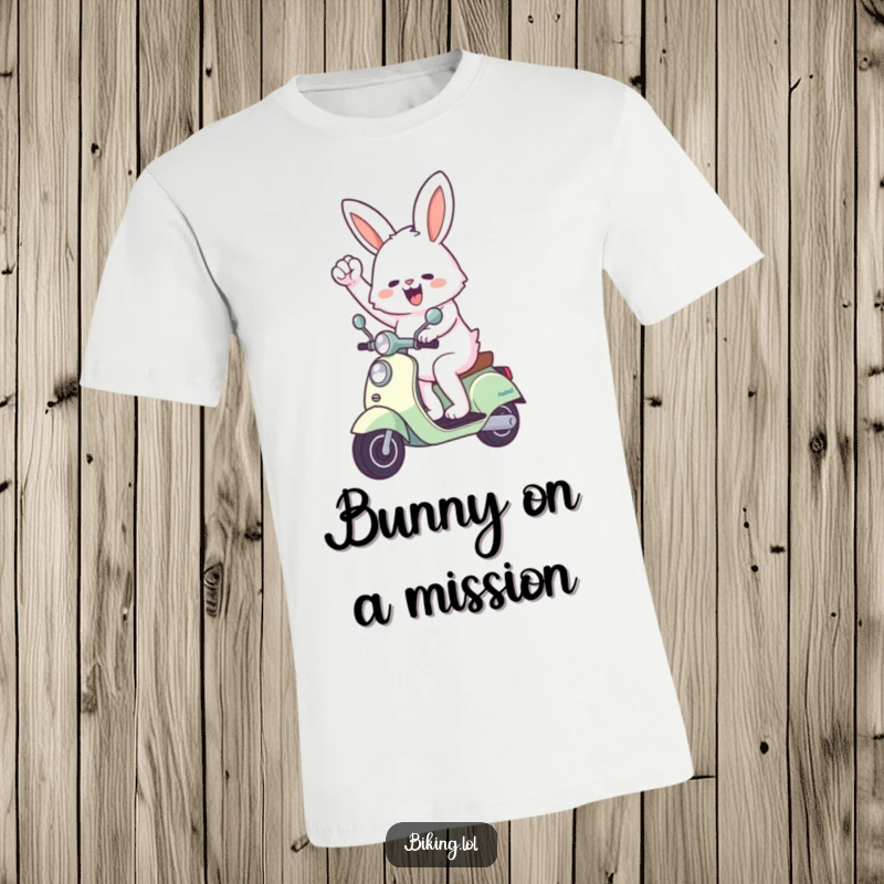 Funny bunny t-shirt depicting an excited bunny pumping its fist while successfully riding a scooter, celebrating fun and achievement.