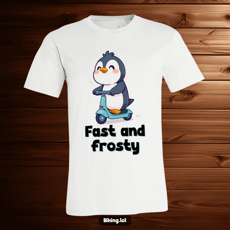 Funny Penguin T-Shirt: An excited penguin determinedly rides a scooter, depicting a thrilling and humorous journey.
