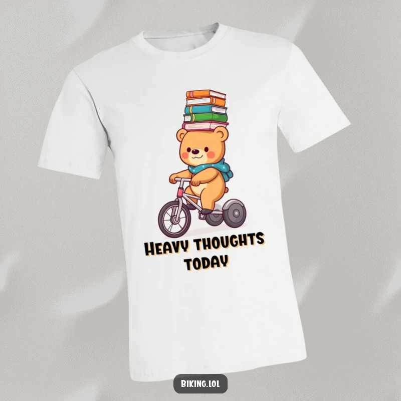 Funny bear riding a tricycle with a large stack of books balanced expertly on its head, a unique t-shirt design.