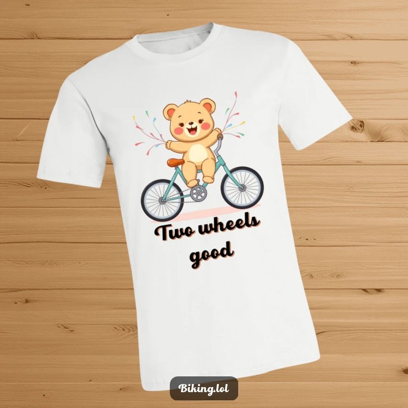 Funny bear cub on a bicycle with colorful streamers, depicting a whimsical and joyful outdoor adventure.