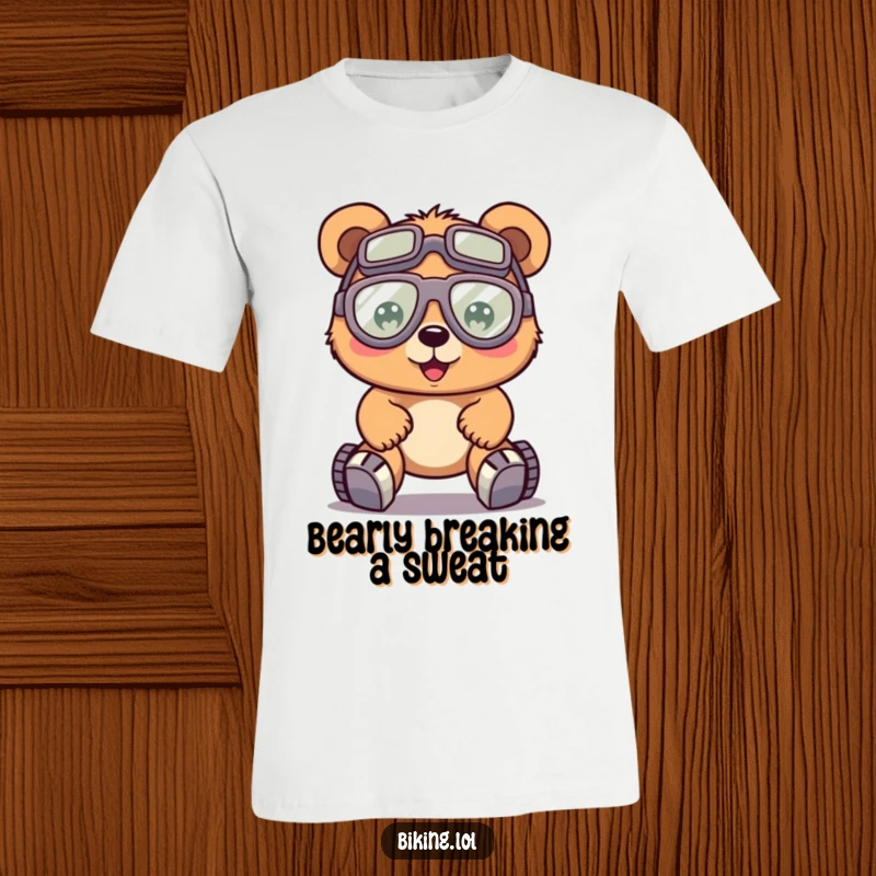 Funny bear in oversized goggles, pedaling bike hard, wearing a t-shirt, showing intense effort.
