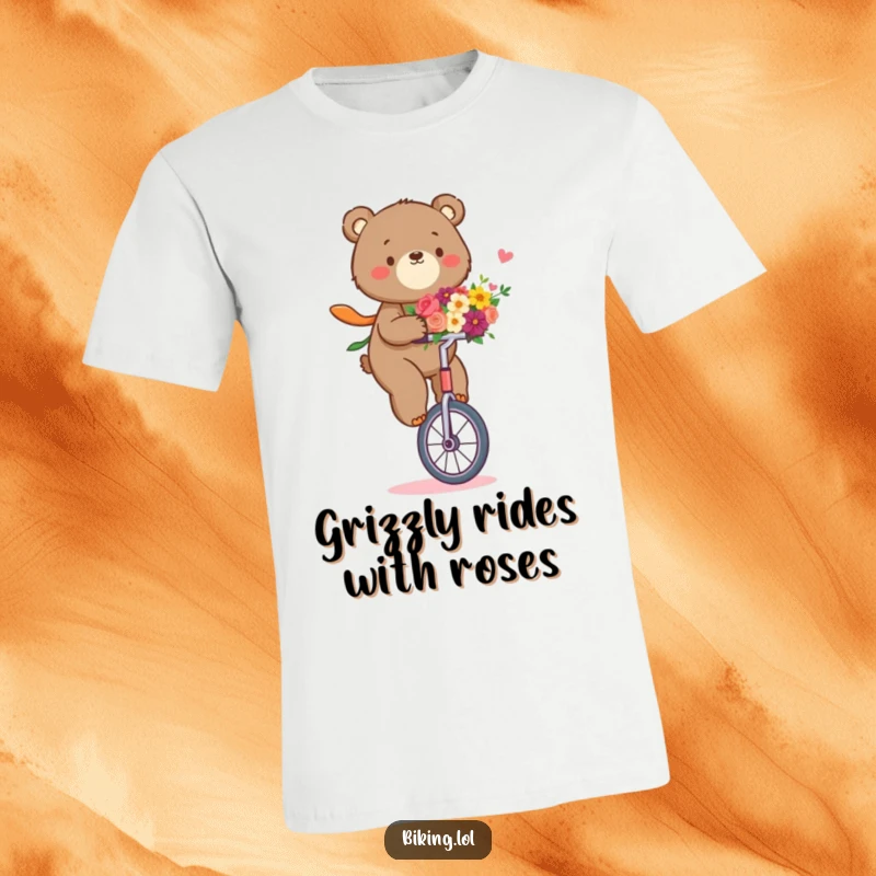 Funny bear t-shirt featuring a determined bear riding a unicycle, holding a bouquet of flowers, showcasing gentle strength.