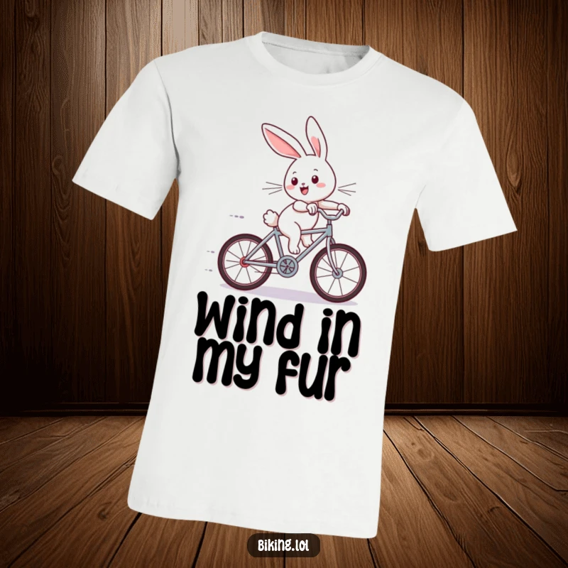 Funny t-shirt featuring a joyous bunny on a tiny bicycle, wind blowing through its ears, a picture of pure downhill delight.