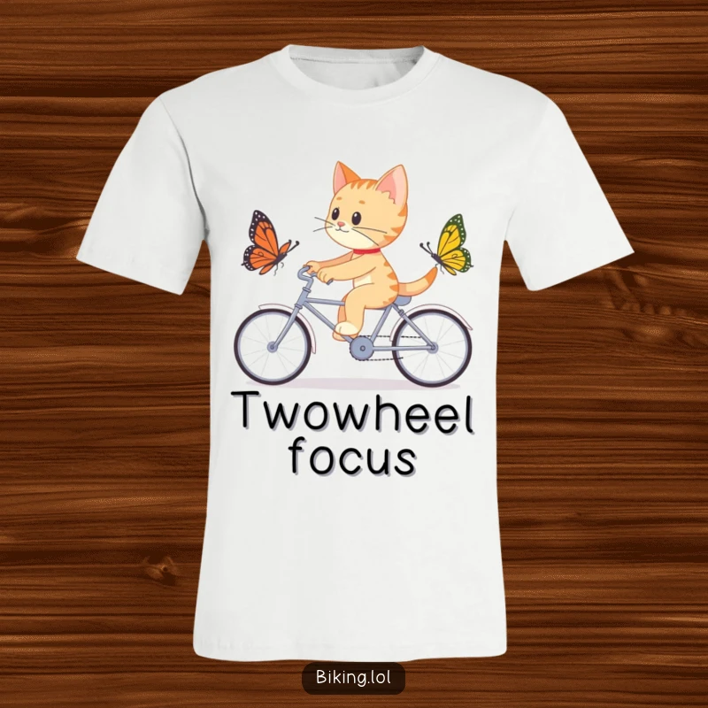 Funny t-shirt showing a determined cat chasing a butterfly on a tandem bike, embodying focus and playful determination.