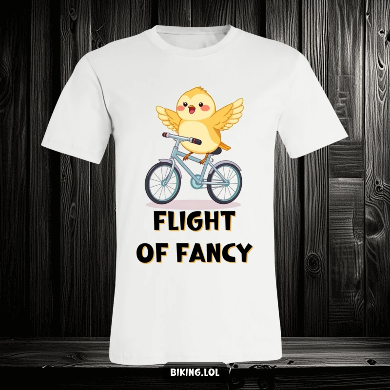 Funny chickadee bird on a tiny bicycle, wings outstretched mid-flight, a whimsical and amusing design.