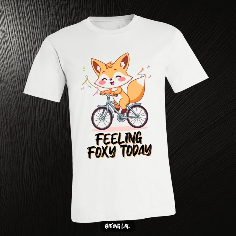 Funny t-shirt depicting a smiling fox riding a bicycle with streamers, perfect for a funny outdoor or cycling gift.