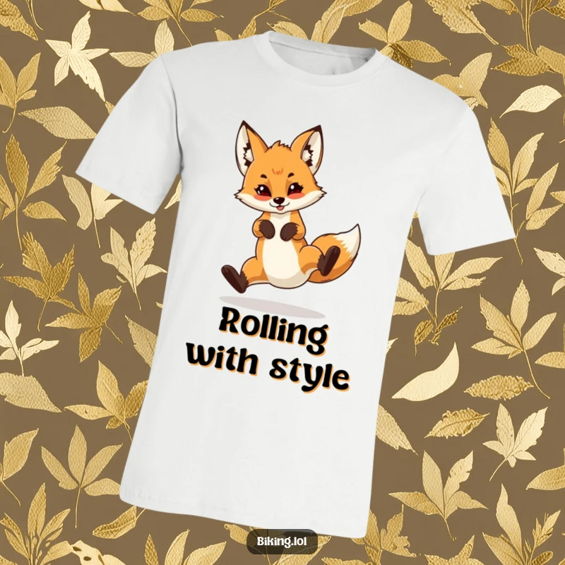 Funny t-shirt depicting a confident fox cub executing a stylish wheelie on a bicycle, showcasing daring and playful energy.