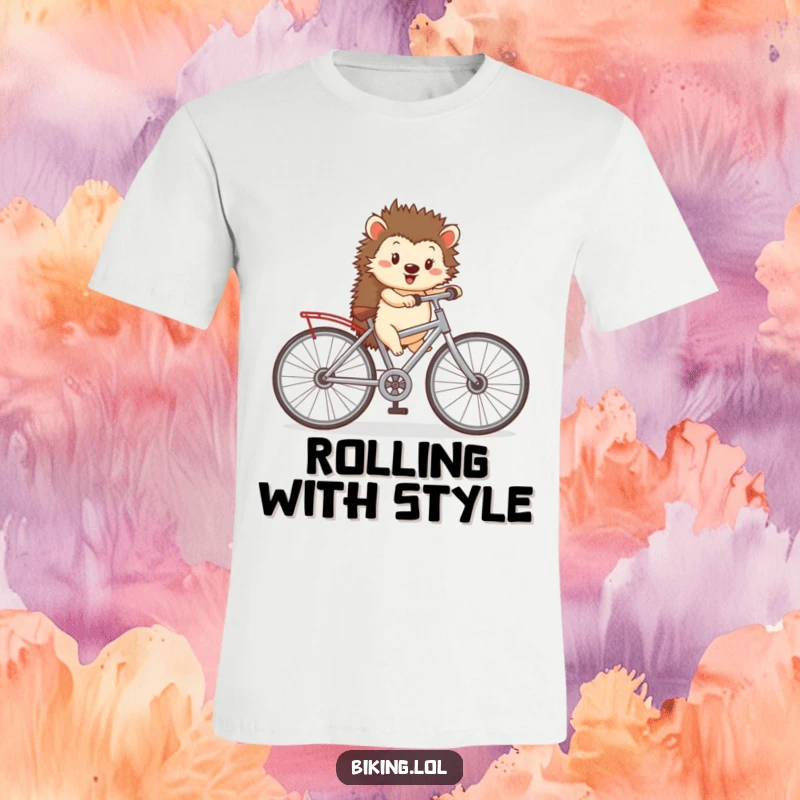 Funny t-shirt graphic of a content hedgehog joyfully pedaling a small bicycle with disproportionately large wheels, symbolizing fun travel.