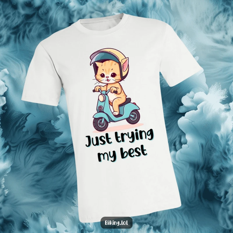 Funny t-shirt depicting a wobbly kitten attempting to ride a scooter while sporting a comically huge helmet.