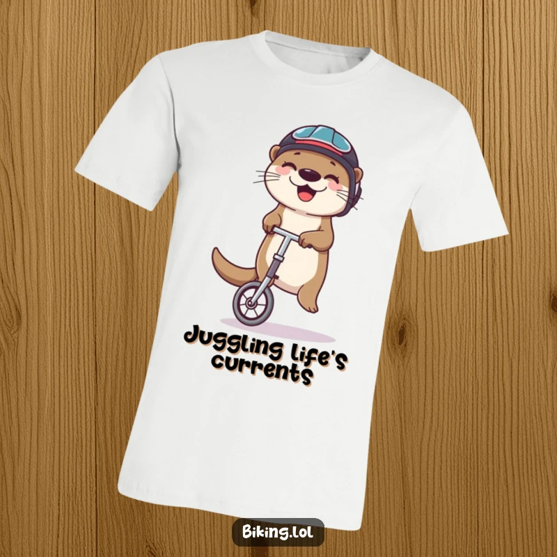 Funny otter t-shirt showing a happy otter in a helmet, balancing on a unicycle and juggling, full of playful energy.