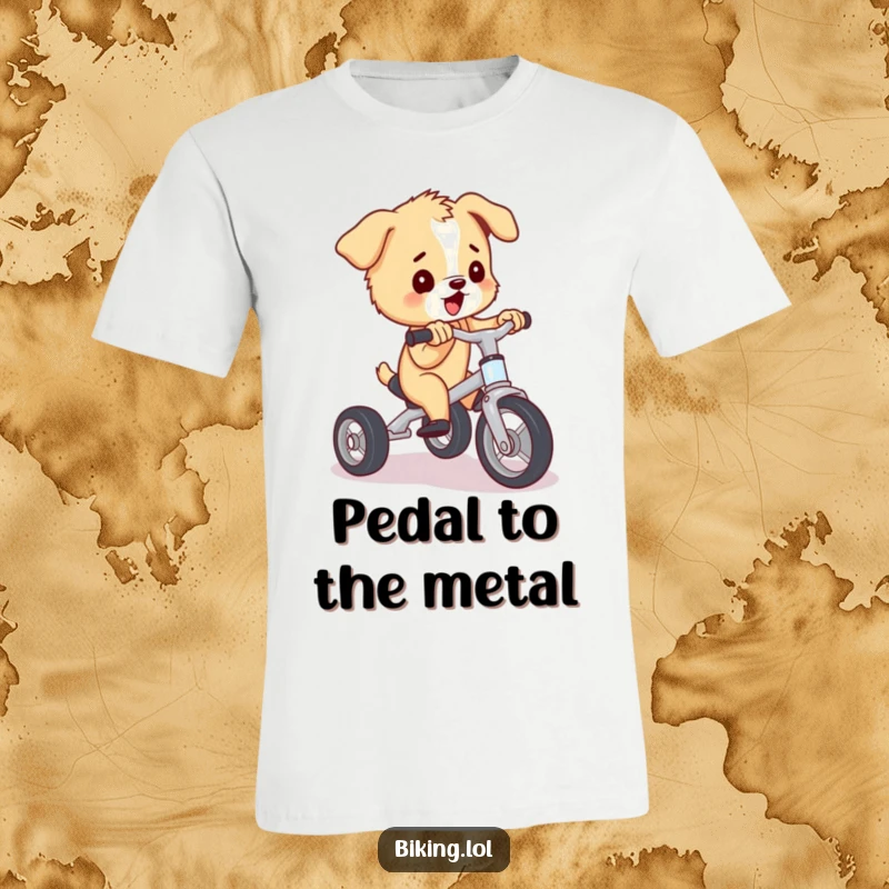 Funny puppy in a t-shirt, pedaling a small tricycle with extreme effort and a joyful look, a hilarious and funny gift.