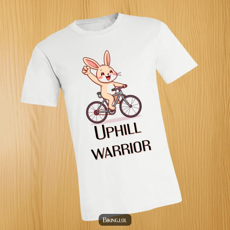 Funny t-shirt with a cheerful rabbit enthusiastically cycling uphill, pumping its arm, a great funny gift.